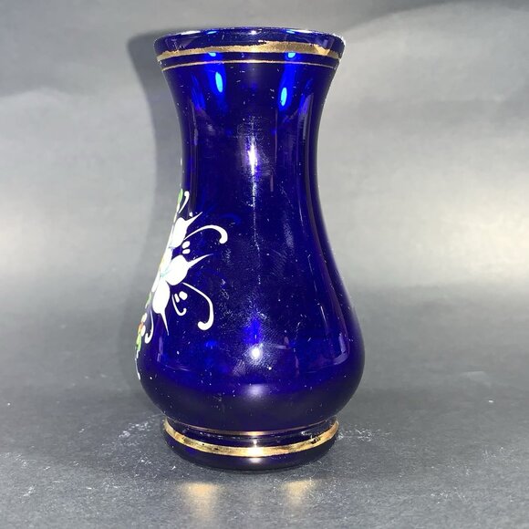 Vintage 3.5” Cobalt Blue Glass Bud Vase Raised Hand‑Painted Flowers Czech Rep. - Picture 2 of 7